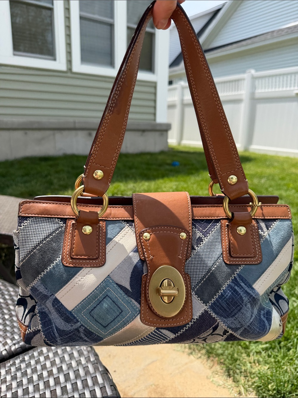 Vintage Y2K Coach Hampton Denim Patchwork Turnlock Satchel